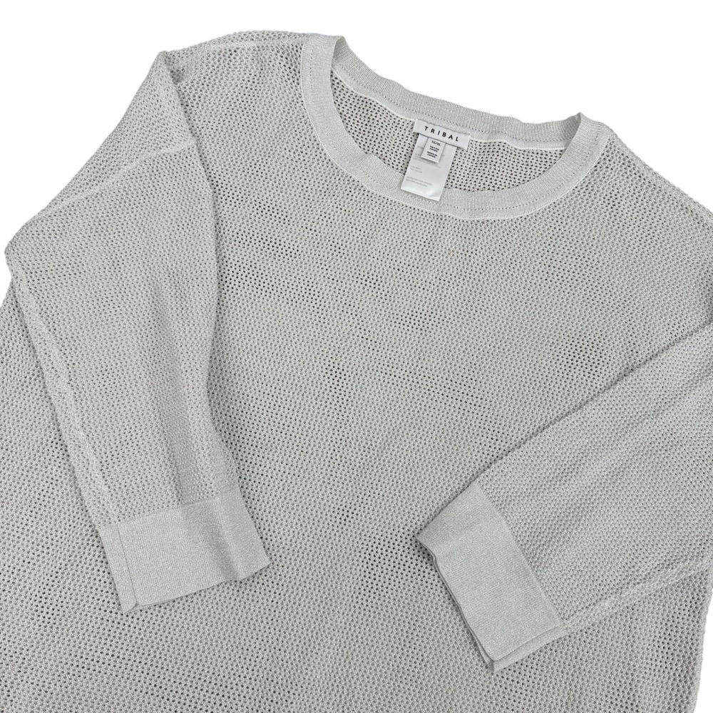 NEW Tribal White Metallic Knit Mesh Long Sleeve Tunic Sweater TG/XL $73